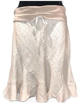 Y2K Bebe Linen Fold Over Fit & Flare Trumpet Ruffle Skirt Beige Cream S Vintage